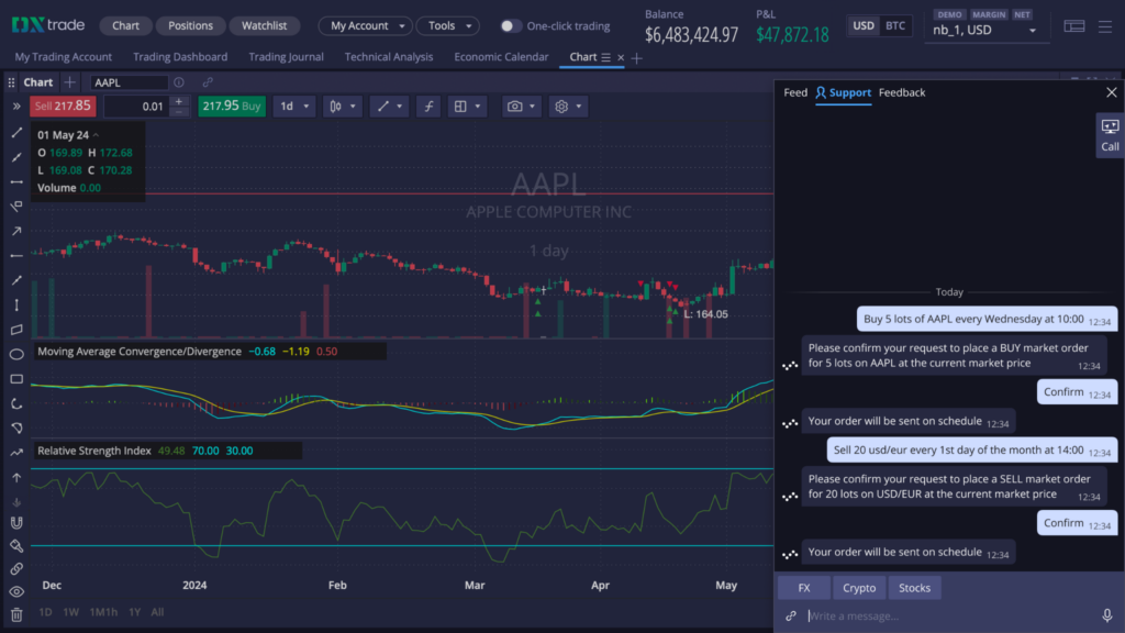 Creating an order (DCA) in the trading platform chatbot