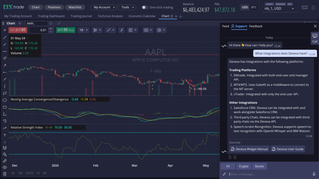 Devexa uses a knowledge base to answer the user’s query in the trading platform