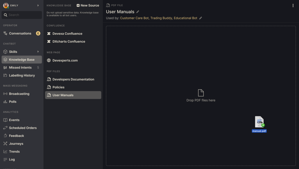 Drag and drop PDF files to upload client user manuals into Devexa’s Knowledge Base