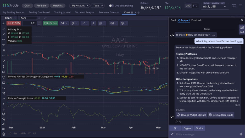 Devexa widget inside the trading platform, providing support using her automated knowledge base. 