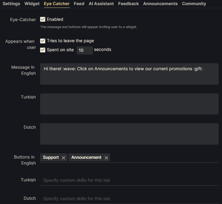 Eye-catcher settings in the Admin panel